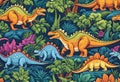 Themed line art doodle color cartoon drawing dinosaurs, Very cute