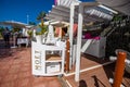 Themed restaurant decorated with white details on the Costa Adeje beach. 08.01.2020 Tenerife, Canary Islands