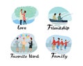 Themed stories. Love, Friendship, Favorite job, Family
