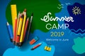 Themed Summer Camp poster 2019, creative and colorful banner, vector illustration.