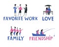 Themed vector stories. Love, Friendship, Favorite job, Family. Minimalistic drawings of people