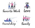 Themed vector stories. Love, Friendship, Favorite job, Family. Stylish drawings