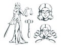 Themis - Ancient Greek goddess of justice. Hand drawn scales of justice. Symbols of the femida - justice, law, scales. Libra