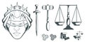 Themis - Ancient Greek goddess of justice. Hand drawn scales of justice. Symbols of the femida - justice, law, scales. Libra