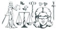 Themis - Ancient Greek goddess of justice. Hand drawn scales of justice. Symbols of the femida - justice, law, scales. Libra Royalty Free Stock Photo