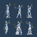 Themis as Ancient Greek Goddess and Lady Justice with Blindfold Holding Scales and Sword Vector Illustration Set