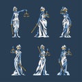 Themis as Ancient Greek Goddess and Lady Justice with Blindfold Holding Scales and Sword Vector Illustration Set