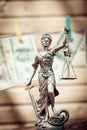 Themis goddess or lady justice holding scale blindfold & USD dollar bank notes hanging on the copy space background showing money