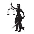 Themis lady justice is a black silhouette on a white isolated background. Vector image