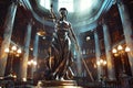 Themis, Lady Justice Statue in a Grand Hall with Columns and Lighting Royalty Free Stock Photo