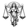 Themis statue holding scales . Symbol of justice and order contour clip art. Libra or law identity concept simple vector