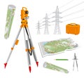 Theodolite, maps, compasses, pencil, power lines. vector set illustrations on white background