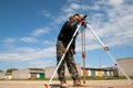 Theodolite on a tripod with construction worker