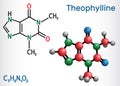 Theophylline or 1,3-dimethylxanthine molecule. It is purine alkaloid, dimethylxanthine, xanthine derivative. Vasodilator, Royalty Free Stock Photo