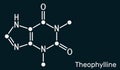 Theophylline, dimethylxanthine molecule. It is purine alkaloid, xanthine derivative. Vasodilator, antiinflammatory drug. Skeletal