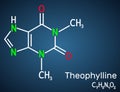 Theophylline or 1,3-dimethylxanthine molecule. Purine alkaloid, dimethylxanthine, xanthine derivative. Vasodilator, asthmatic, Royalty Free Stock Photo