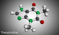 Theophylline or 1,3-dimethylxanthine molecule. It is dimethylxanthine, xanthine derivative. Vasodilator, bronchodilator, asthmatic