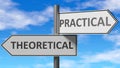 Theoretical and practical as a choice, pictured as words Theoretical, practical on road signs to show that when a person makes