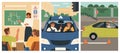 Theory and practice lessons at driving school vector set Royalty Free Stock Photo