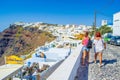 Cliff top cobblestone lane in Fira Santorini island Greece Royalty Free Stock Photo