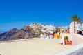 Santorini cliff top street view Fira Aegean Sea coast panorama Greece