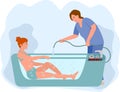 Therapeutic whirlpool bath. Flat therapist character working with disabled patient, rehabilitating physical activity