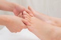 Therapist doing reflexology massage on woman foot