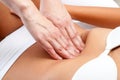 Therapist Hands pressing on female abdomen. Royalty Free Stock Photo