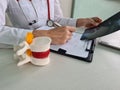 Therapist holding anatomical model of vertebras with intervertebral hernia