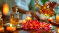 Therapist pouring massage oil at spa. AI Generated. Royalty Free Stock Photo