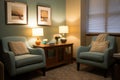 a therapists office featuring calming colors, plush chairs, and low light