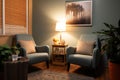 a therapists office featuring calming colors, plush chairs, and low light