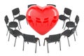 Therapy concept. Chairs in a circle with red heart, 3D rendering Royalty Free Stock Photo