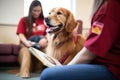 a therapy dog photographed with its trainers reading list
