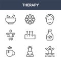 9 therapy icons pack. trendy therapy icons on white background. thin outline line icons such as physiotherapy, essential oil,