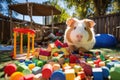 therapy pig playing in a secured yard filled with childrens toys