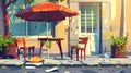 There is an abandoned outdoor street cafe in a city square park. This cafe is not in good condition with broken tables Royalty Free Stock Photo