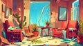 There is an abandoned and ruined living room surrounded by garbage and cobwebs. Cartoon modern showing a dirty damaged Royalty Free Stock Photo