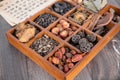 There are all kinds of traditional Chinese medicine in the wooden box