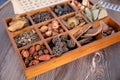 There are all kinds of traditional Chinese medicine in the wooden box