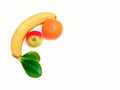 There are Banana,Apple,Orange with Green Leaves,Healthy Fresh Organic Food on the White Background