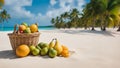 there is a basket full of fruits on the beach on the sand Royalty Free Stock Photo