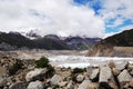 There is a beautiful and quiet snow mountain under the blue sky and white clouds. There is a lake under the snow mountain Royalty Free Stock Photo