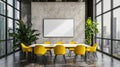 There is a blank whiteboard and yellow chairs in this modern conference room. Royalty Free Stock Photo