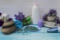 there are blue flowers, bath salt, soap, cosmetics Royalty Free Stock Photo