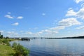 There is a boat on the river. River port. Bridge. Forest. Nature. Sunny weather. The sky, clouds scatter Royalty Free Stock Photo