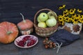 There is a bouquet of autumn flowers, a basket of apples, a saucer with viburnum berries Royalty Free Stock Photo