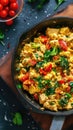 There is a bowl of food with tofu and tomatoes on the table