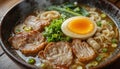 there is a bowl of ramen with meat, noodles and an egg Royalty Free Stock Photo