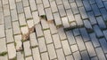 There is a crack overgrown with grass on the gray tile sidewalk. Royalty Free Stock Photo